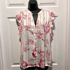 Haver & Blair Top Blouse floral White Pink Large Women Sleeveless ruffle v-neck